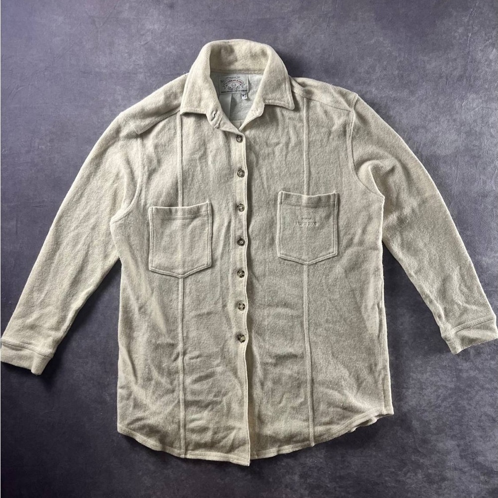 Vintage Armani Jeans Shirt Jacket – Made in Italy 90s Beige Knit Overshirt (M)